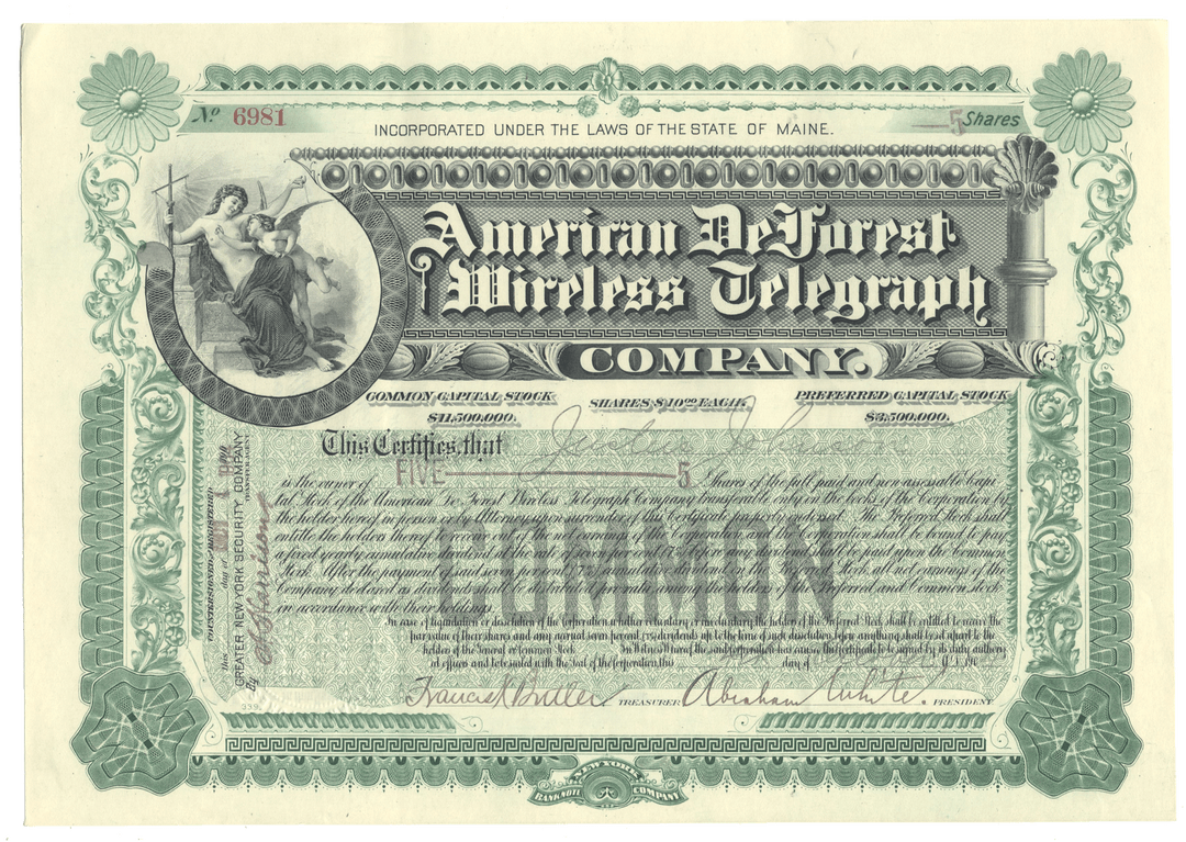 Certificate from American De Forest Wireless Telegraph Company from 1904