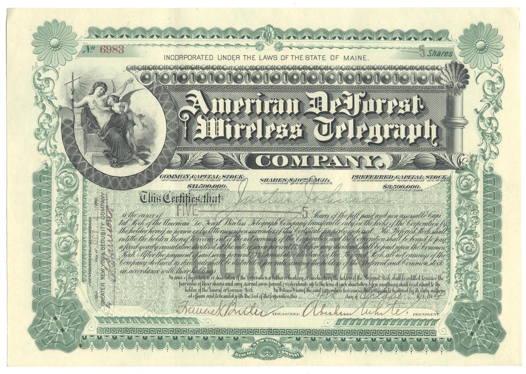 Share certificate of the American De Forest Wireless Telegraph Company with decorative elements from 1904