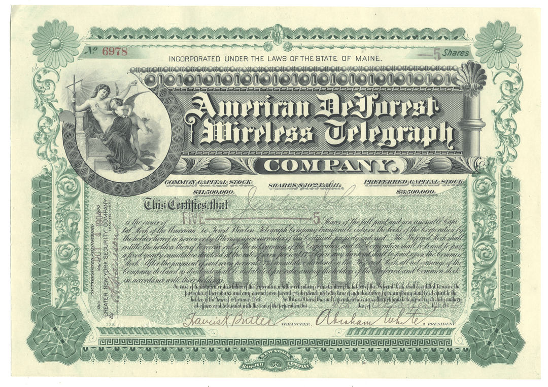 A vintage American DeForest Wireless Telegraph Company stock certificate from 1904
