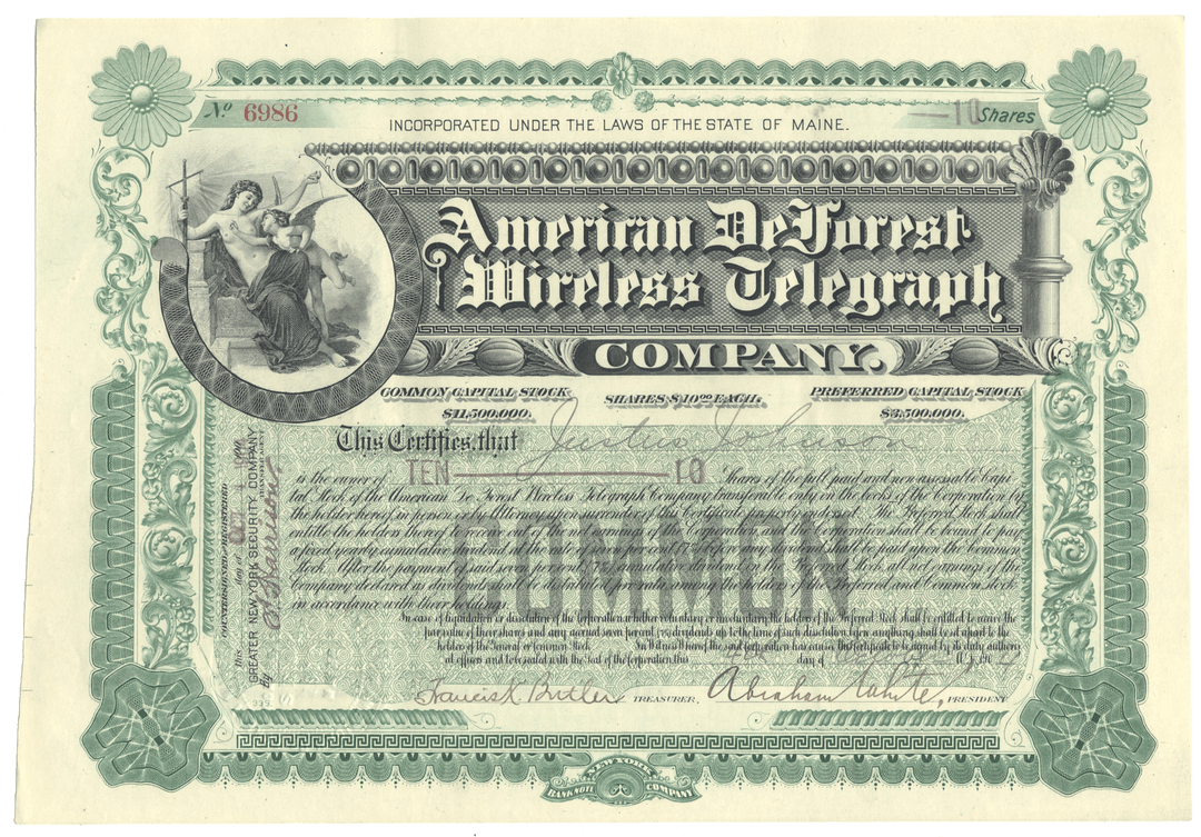 Certificate of the American DeForest Wireless Telegraph Company with decorative elements and text.