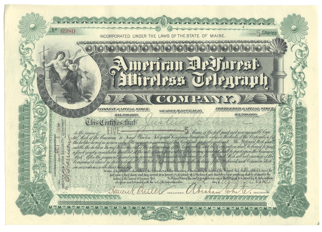 American De Forest Wireless Telegraph Company stock certificate from 1904