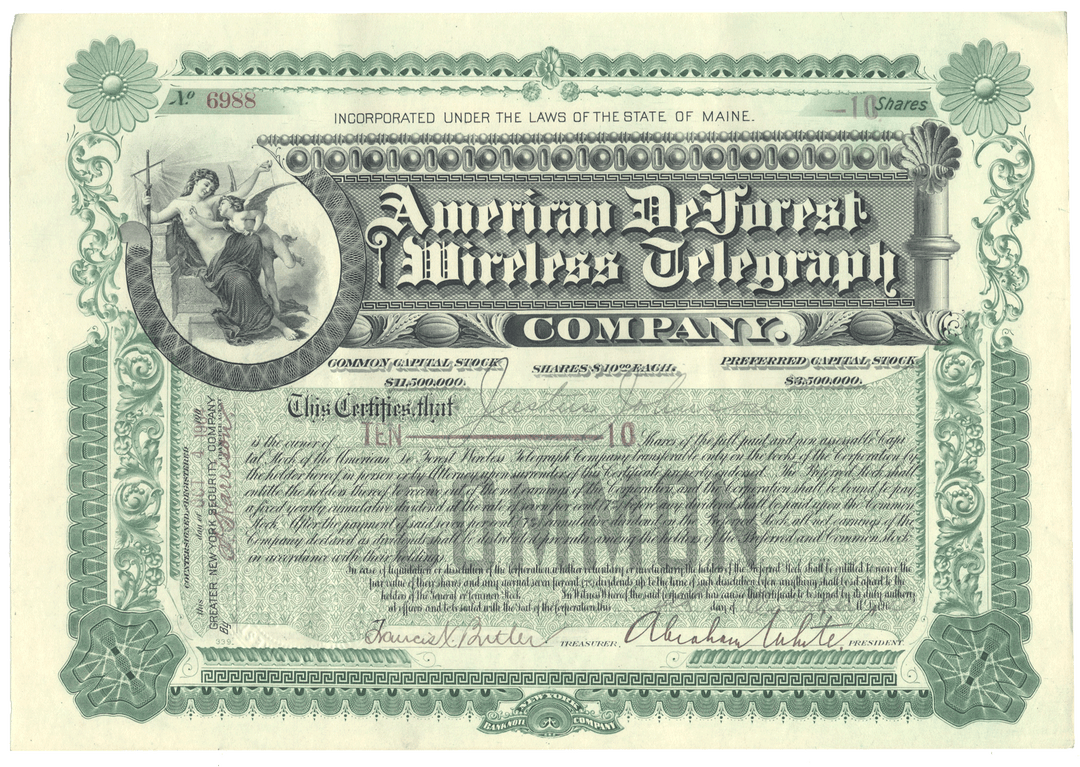 Share certificate of American DeForest Wireless Telegraph Company with decorative elements