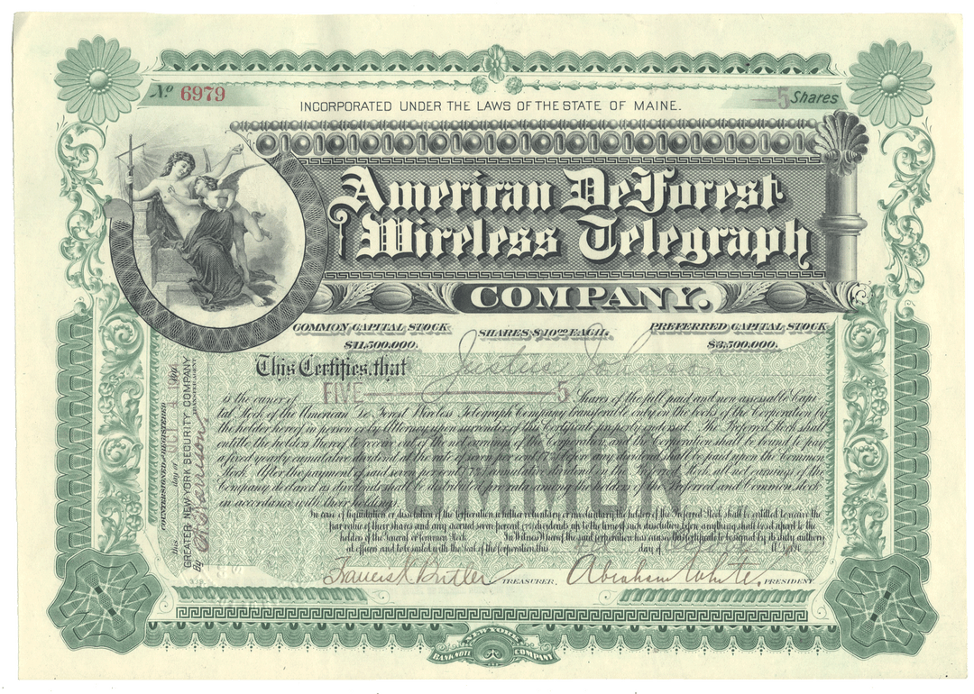 An antique stock certificate from the American DeForest Wireless Telegraph Company from 1904