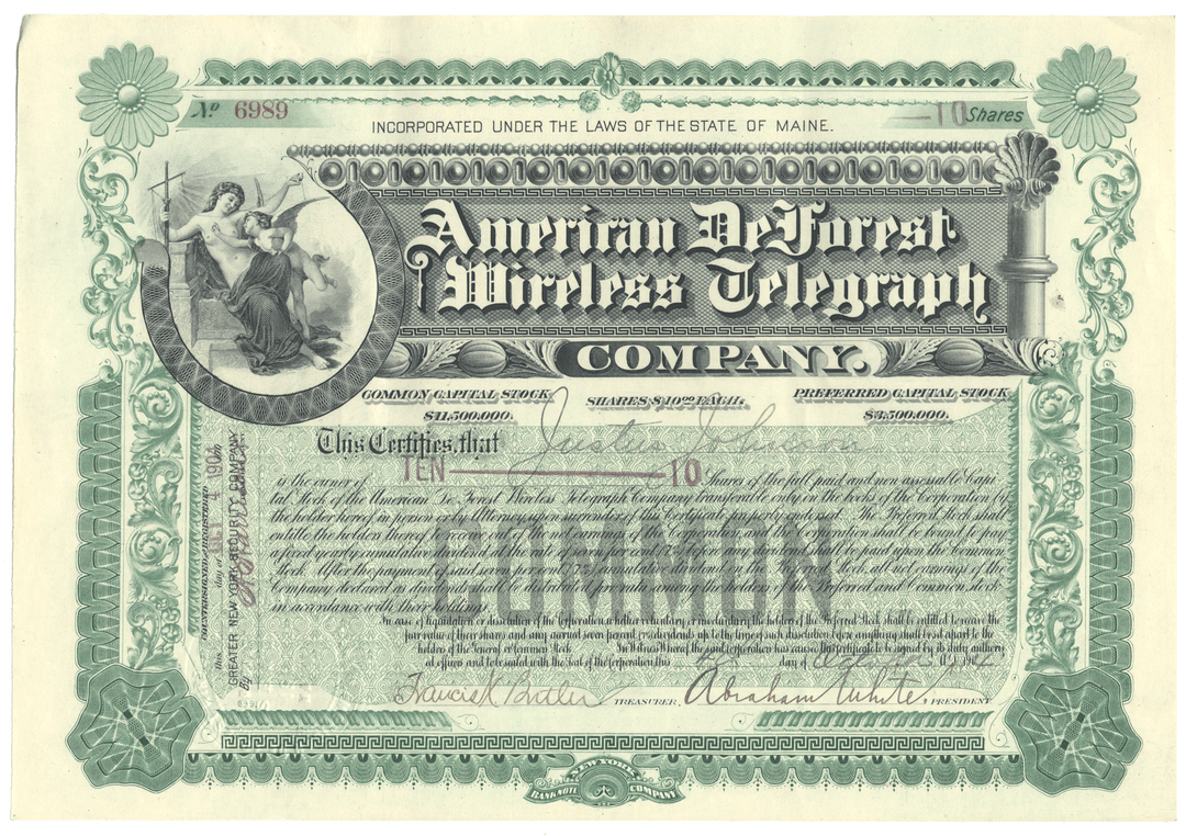 American De Forest Wireless Telegraph Company Stock Certificate