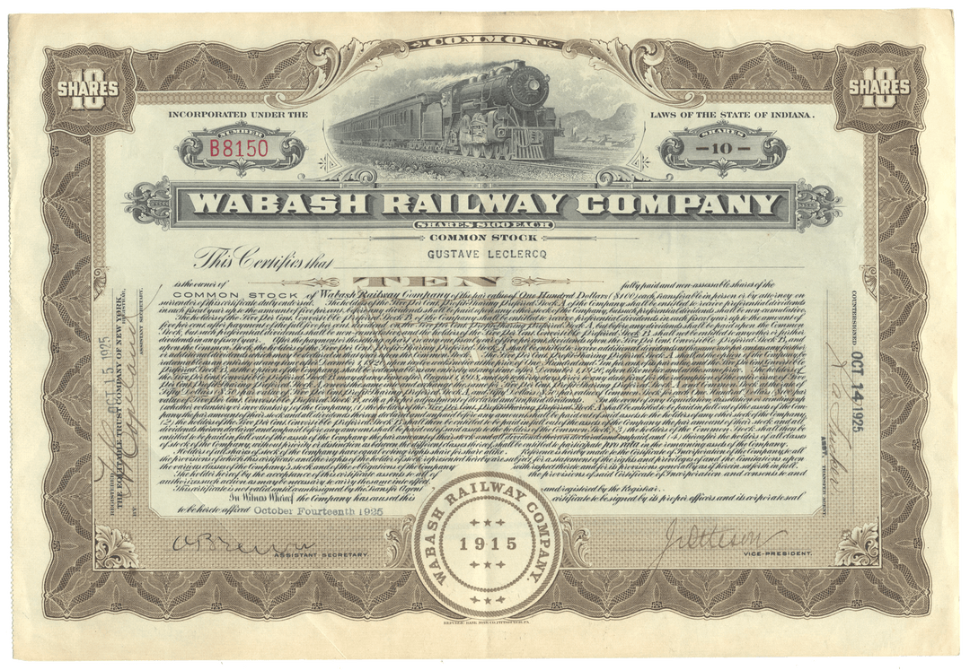 Wabash Railway Company stock certificate from 1925 with train illustration