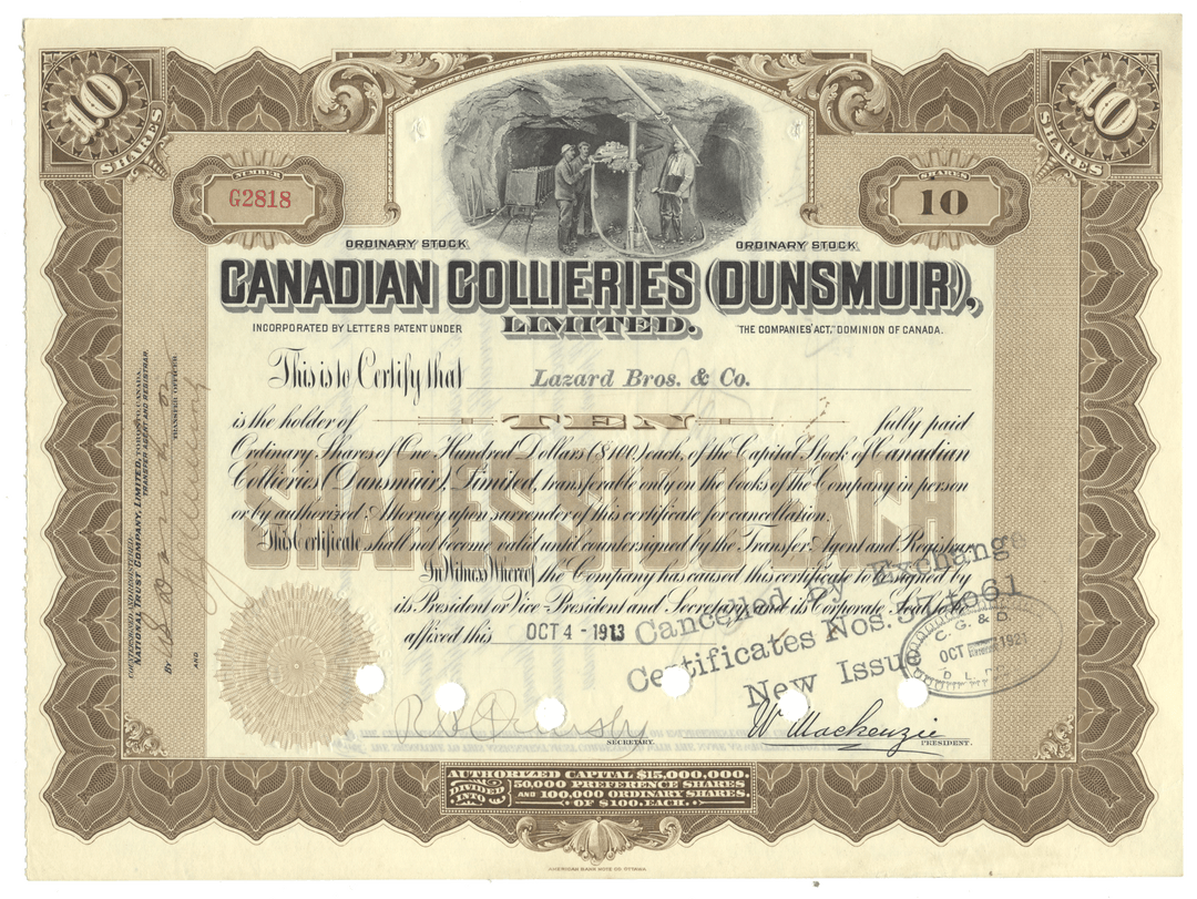 An antique Canadian Collieries (Dunsmuir) Limited stock certificate frpm 1913