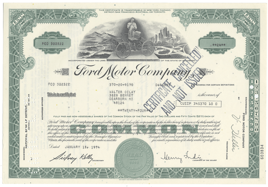 Vintage Ford Motor Company stock certificate with logo and text