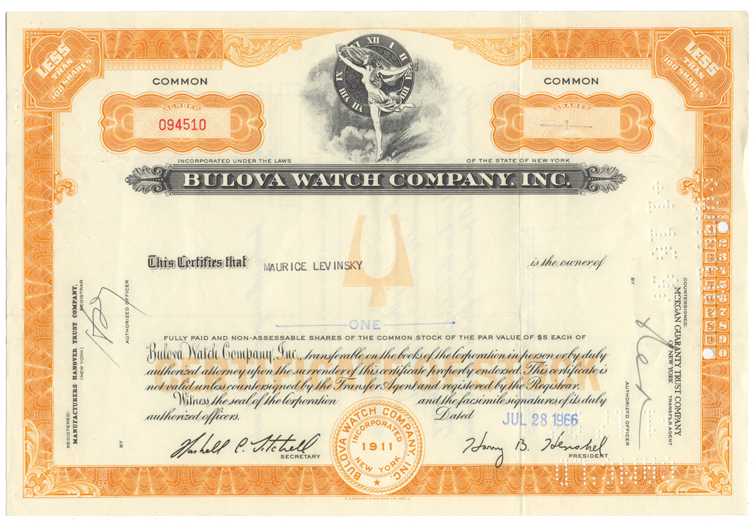 Bulova Watch Company, Inc. Stock Certificate