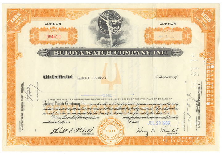 Bulova Watch Company, Inc. Stock Certificate