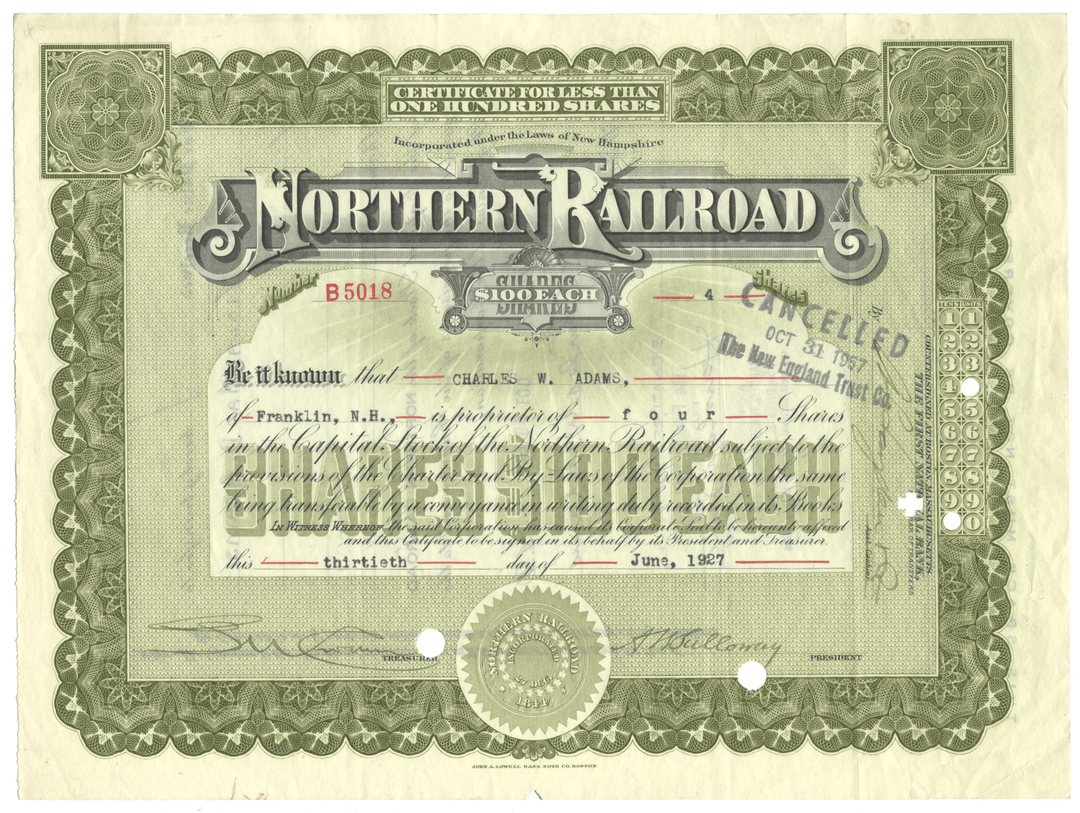 Vintage stock certificate for the Northern Railroad from 1927