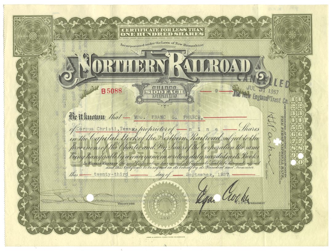 Northern Railroad Company stock certificate from 1927