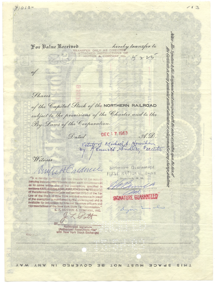 Northern Railroad Stock Certificate