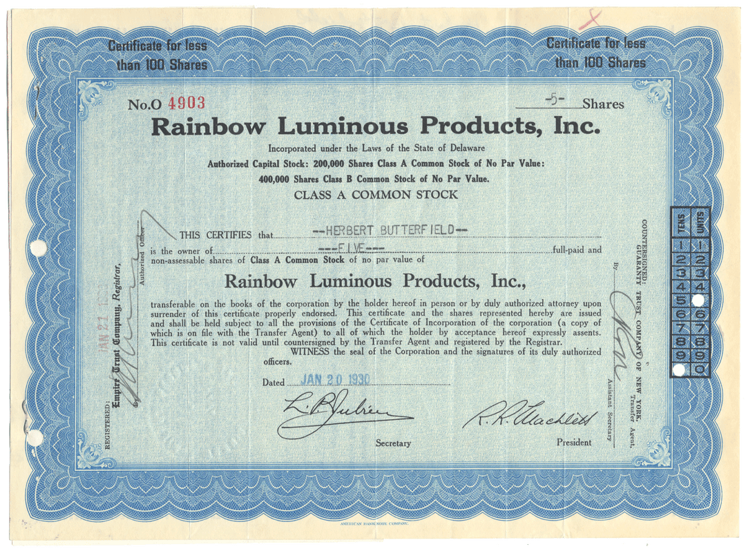 Rainbow Luminous Products Inc Stock Certificate