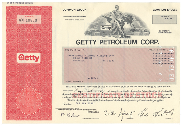 Getty Petroleum Corp. Stock Certificate