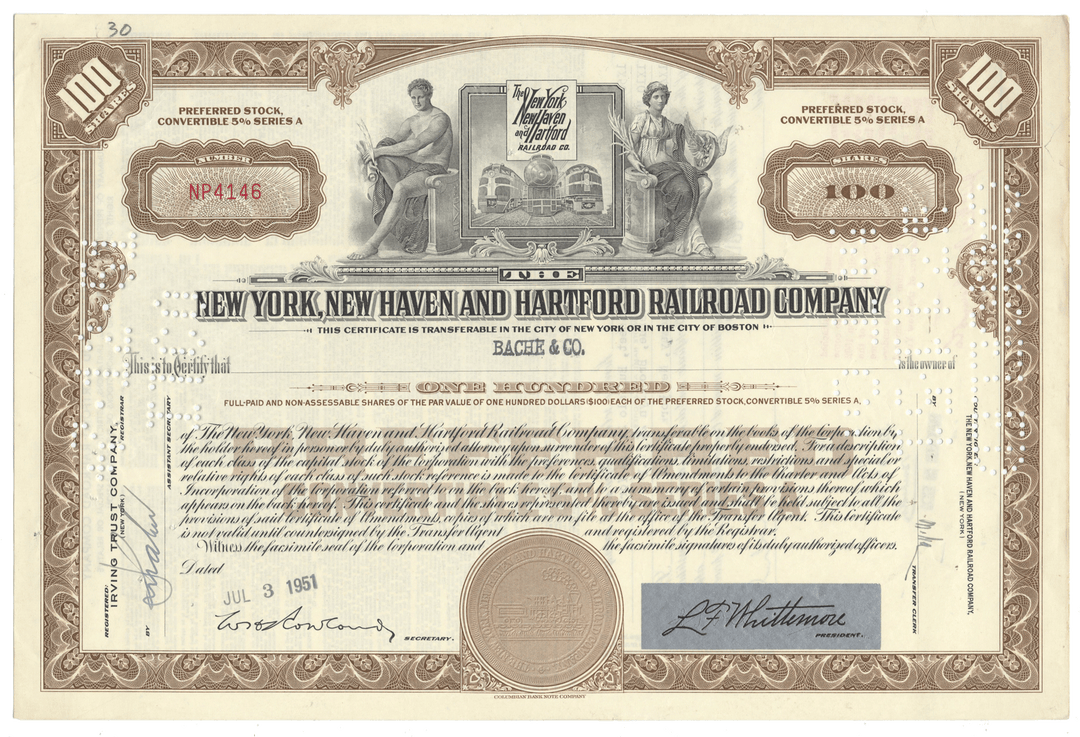 Vintage stock certificate of the New York, New Haven and Hartford Railroad Company from 1951