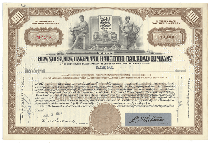 Vintage stock certificate of the New York, New Haven and Hartford Railroad Company from 1951