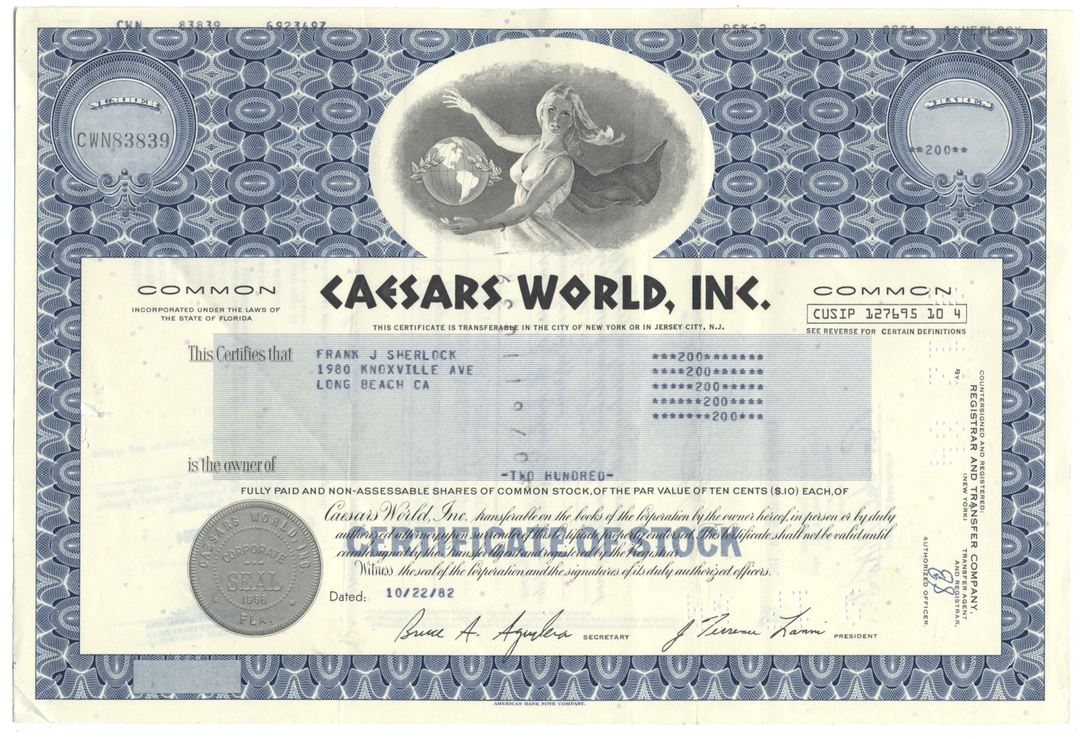 Caesars World, Inc. Stock Certificate