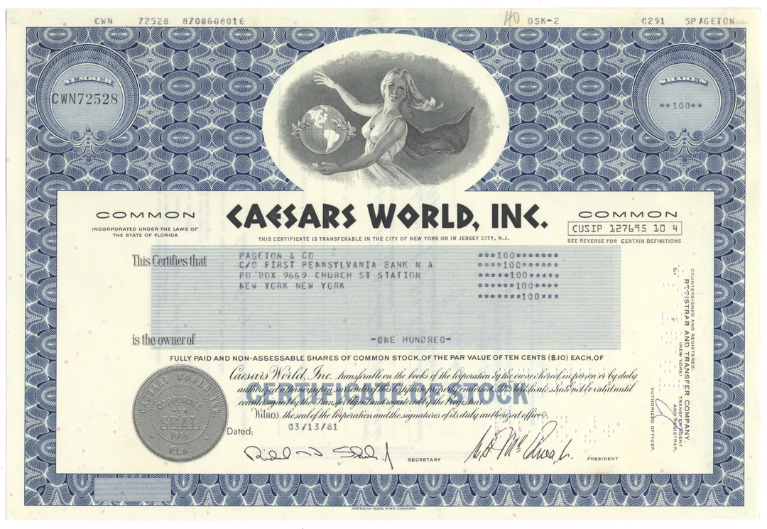 Caesars World, Inc. Stock Certificate