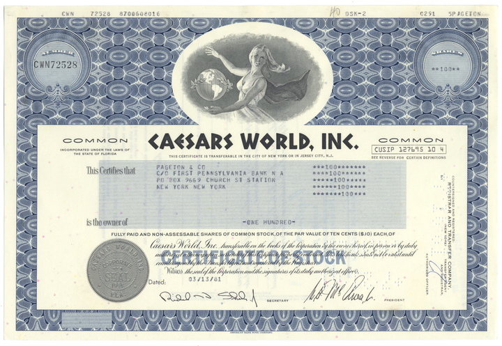 Caesars World, Inc. Stock Certificate