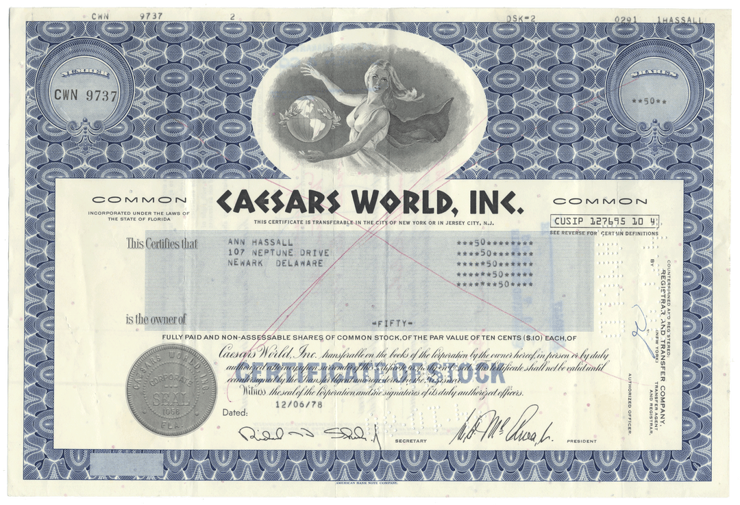 Caesars World, Inc. Stock Certificate