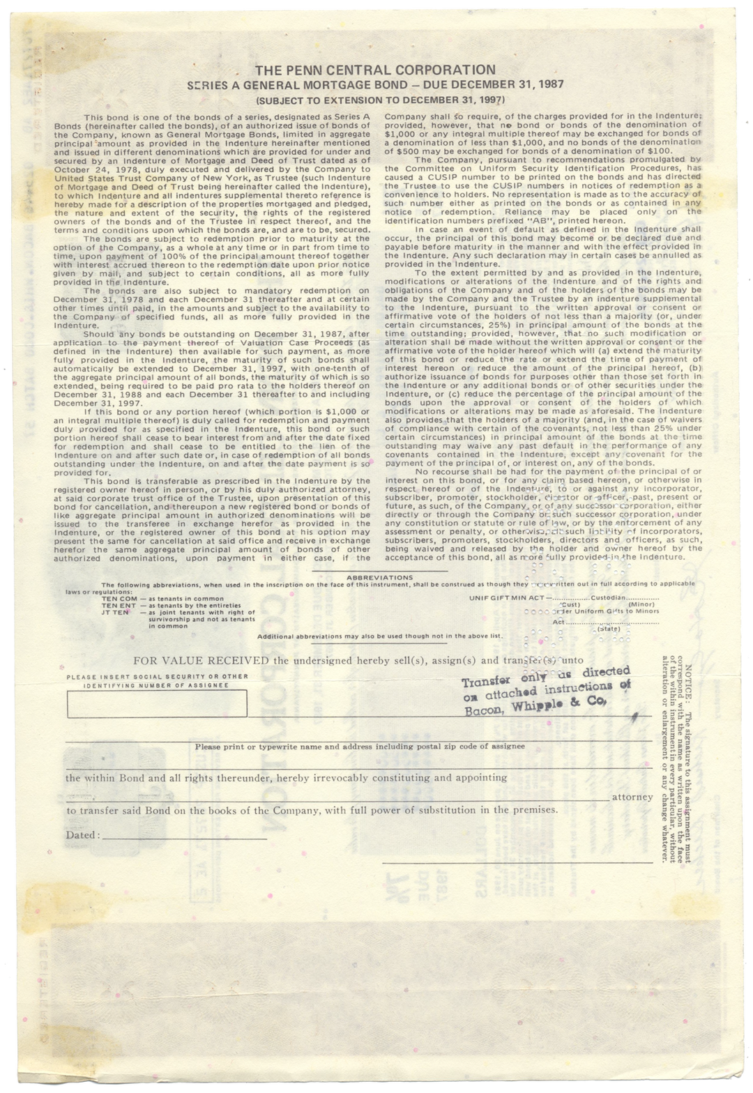 Penn Central Corporation Bond Certificate