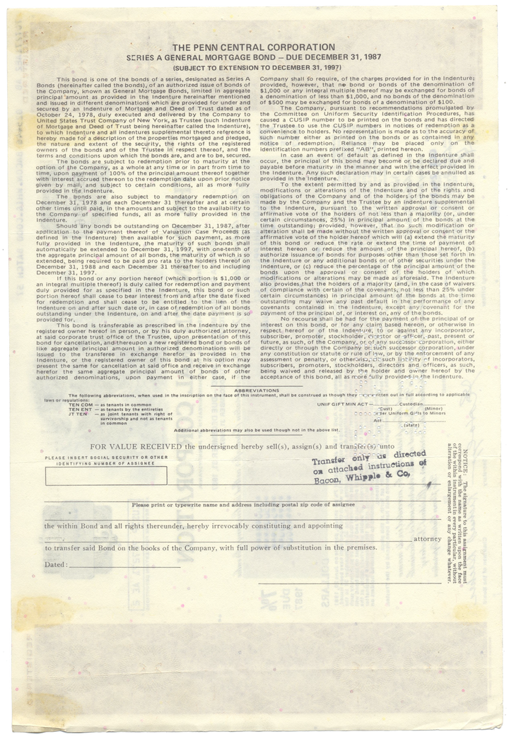 Penn Central Corporation Bond Certificate