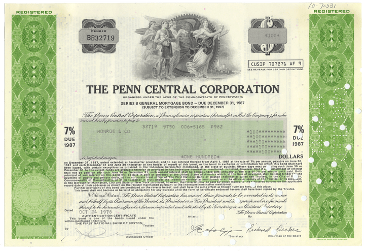 Bond certificate of The Penn Central Corporation with decorative elements and text.