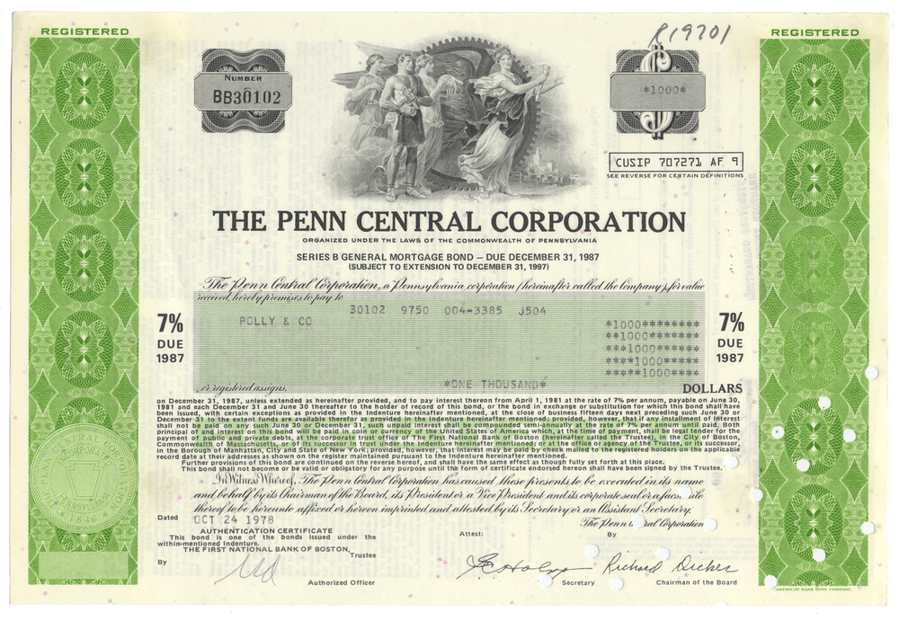 The Penn Central Corporation bond certificate from 1978