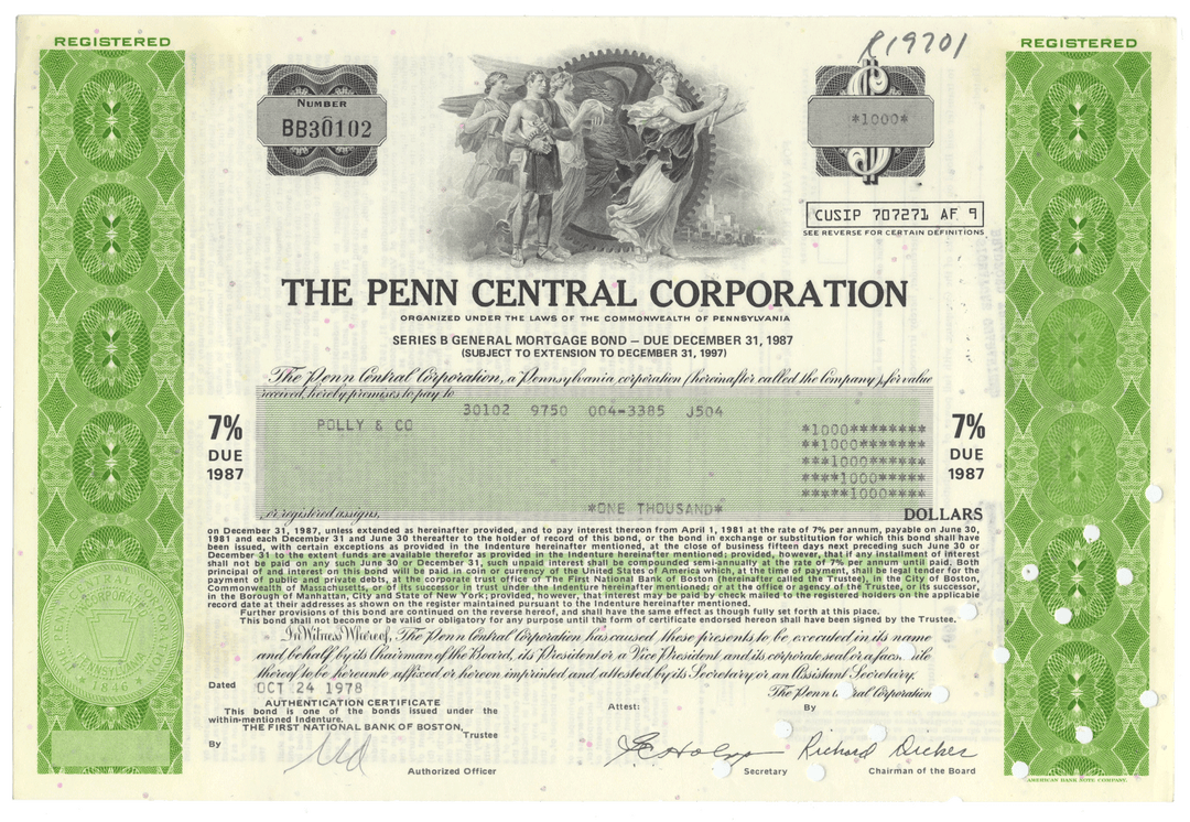 The Penn Central Corporation bond certificate from 1978