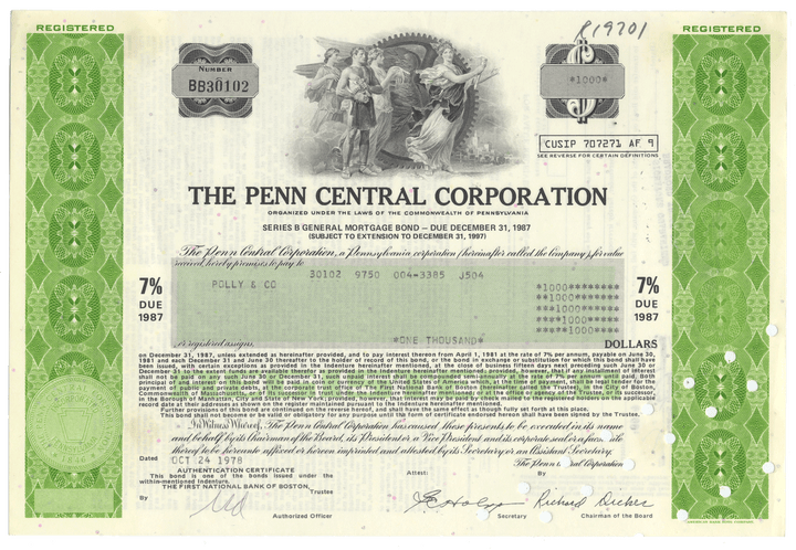 The Penn Central Corporation bond certificate from 1978