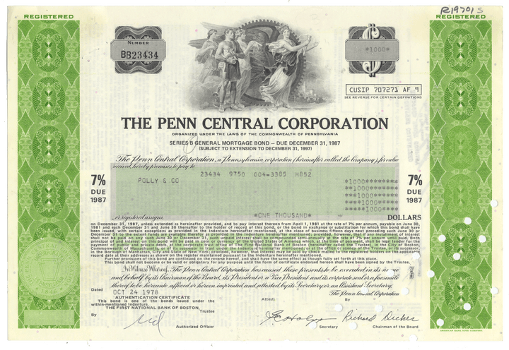 Bond certificate from the Penn Central Corporation with green and white design