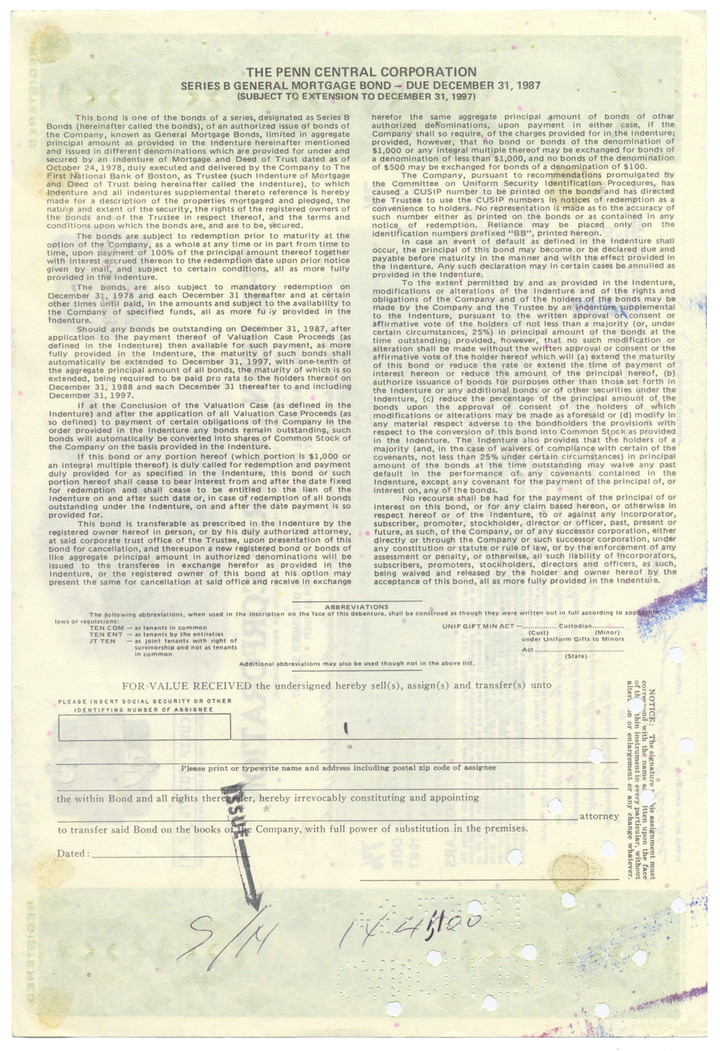 Penn Central Corporation Bond Certificate