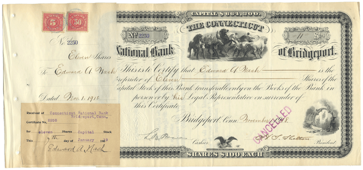 Connecticut National Bank of Bridgeport Stock Certificate