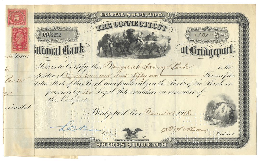 Vintage stock certificate from The Connecticut National Bank of Bridgeport with decorative elements and text.