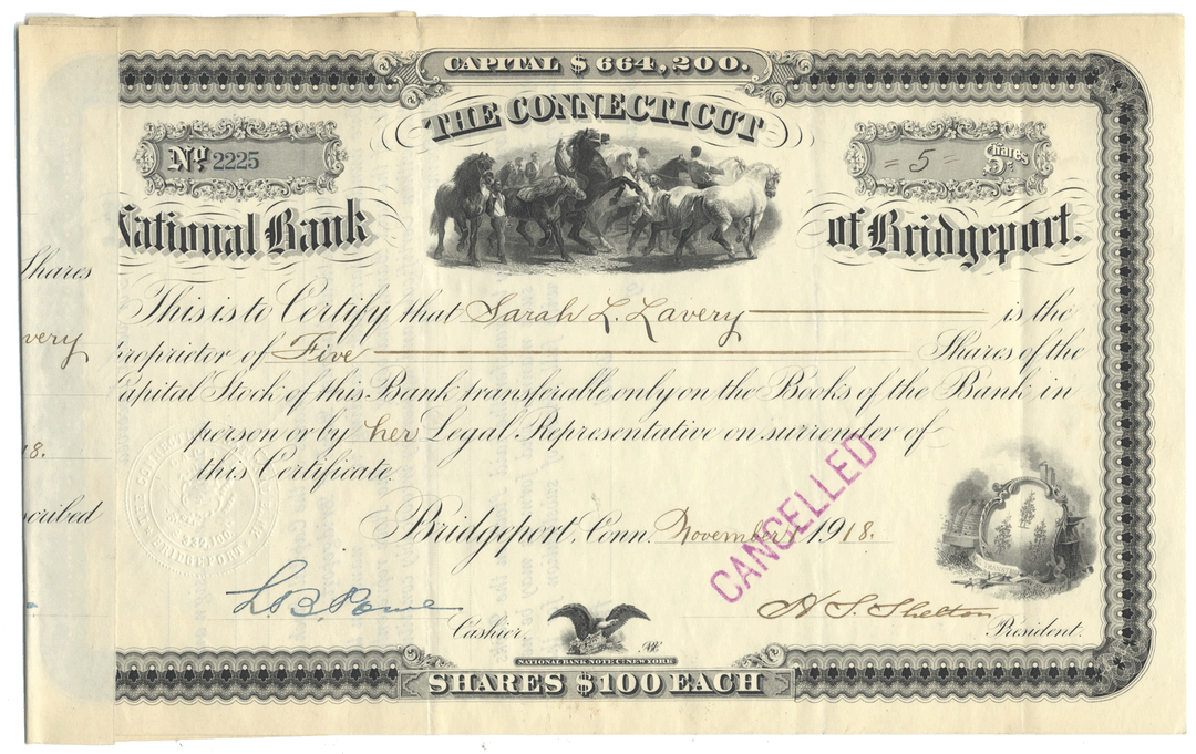 Vintage stock certificate from the Connecticut National Bank of Bridgeport with decorative elements and text.