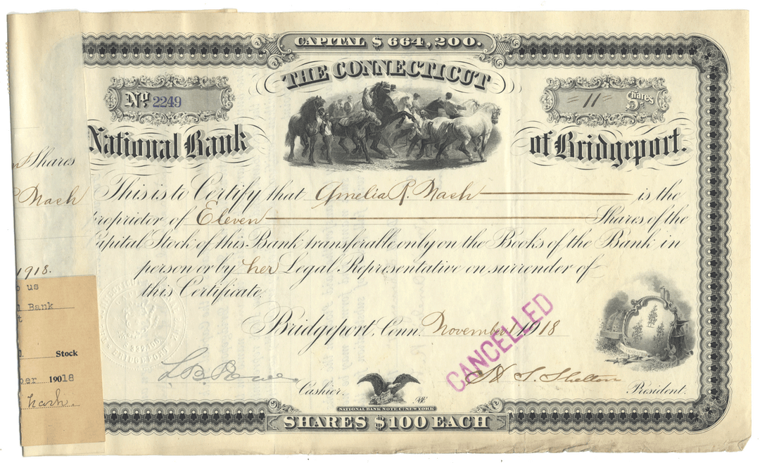 Vintage stock certificate from the National Bank of Bridgeport, Connecticut with decorative elements and text.