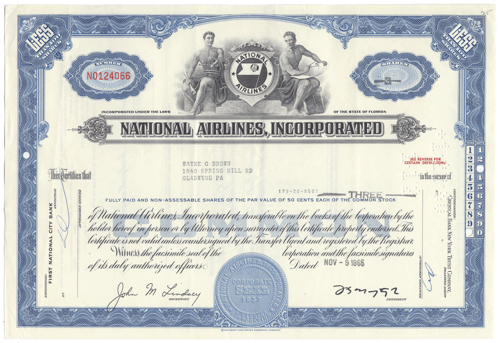 National Airlines, Incorporated Stock Certificate