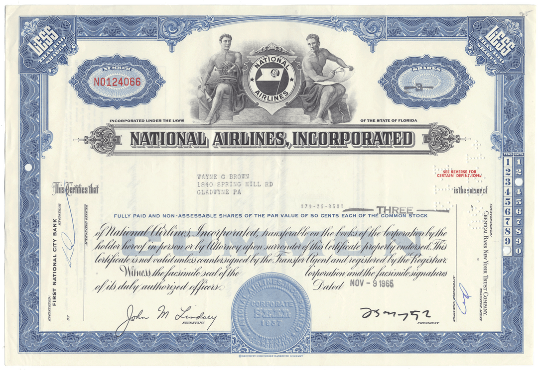 National Airlines, Incorporated Stock Certificate