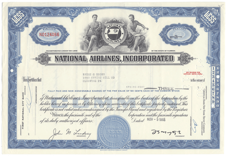 National Airlines, Incorporated Stock Certificate