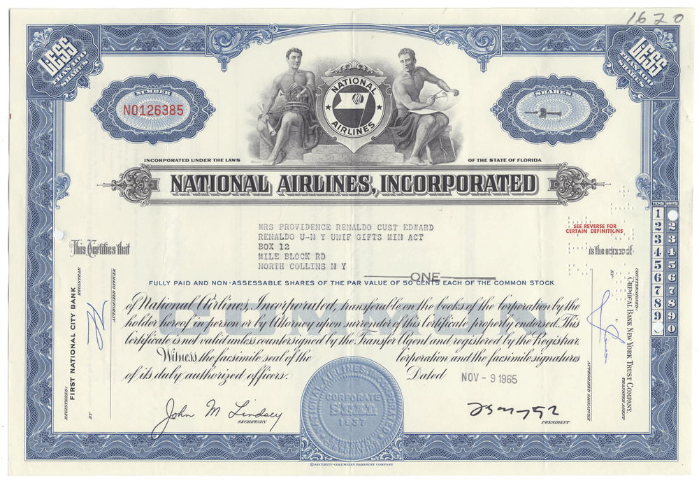 National Airlines, Incorporated stock certificate with blue and black design