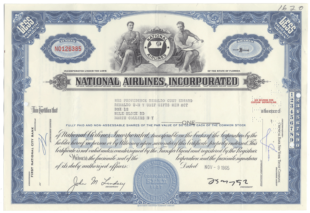National Airlines, Incorporated stock certificate with blue and black design