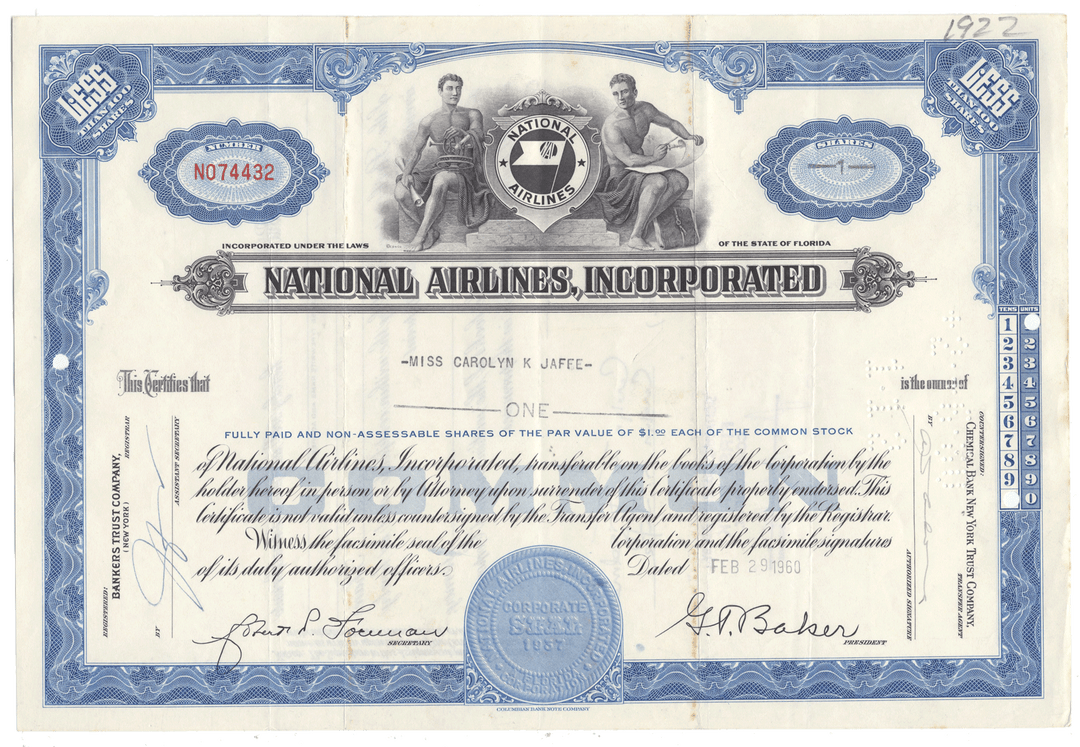 Vintage stock certificate for National Airlines, Incorporated with blue and black design.