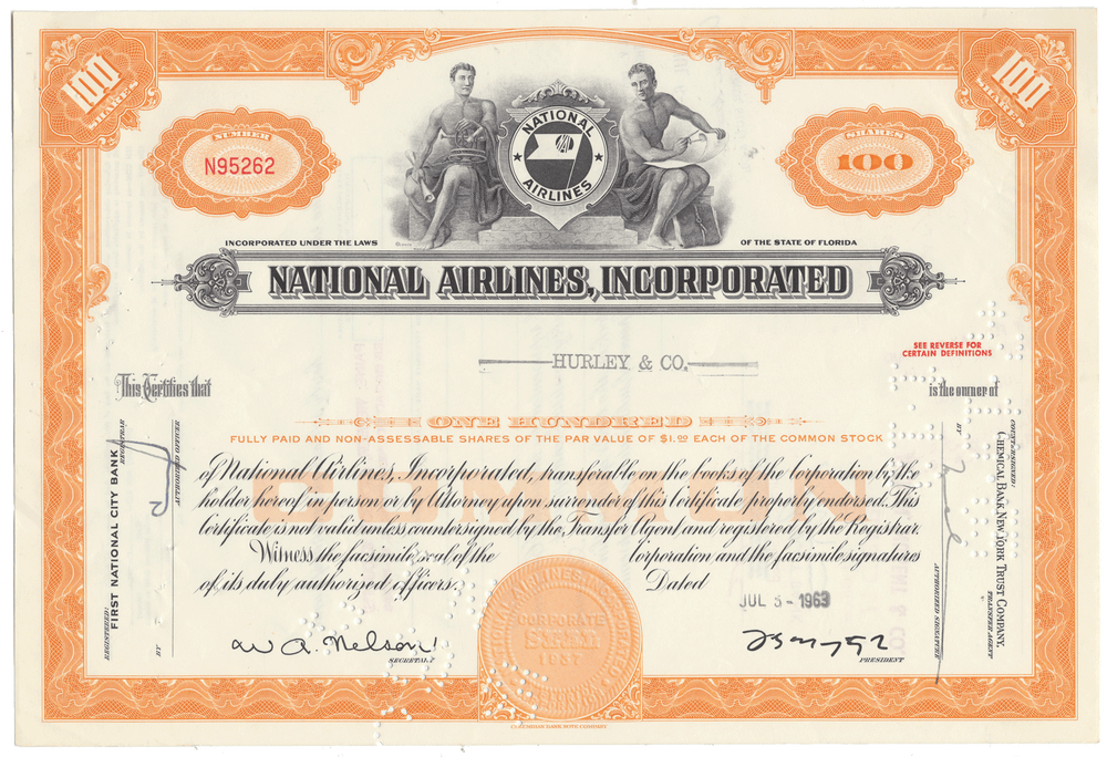 Vintage stock certificate for National Airlines, Incorporated with an orange border and black text.