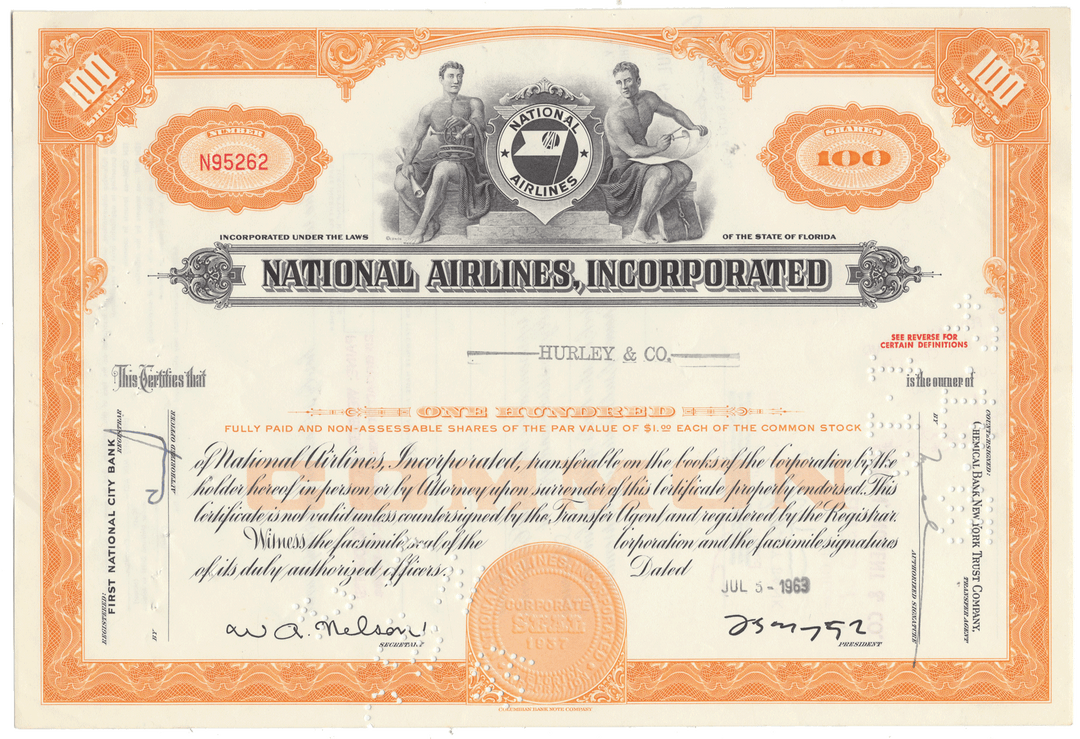 Vintage stock certificate for National Airlines, Incorporated with an orange border and black text.