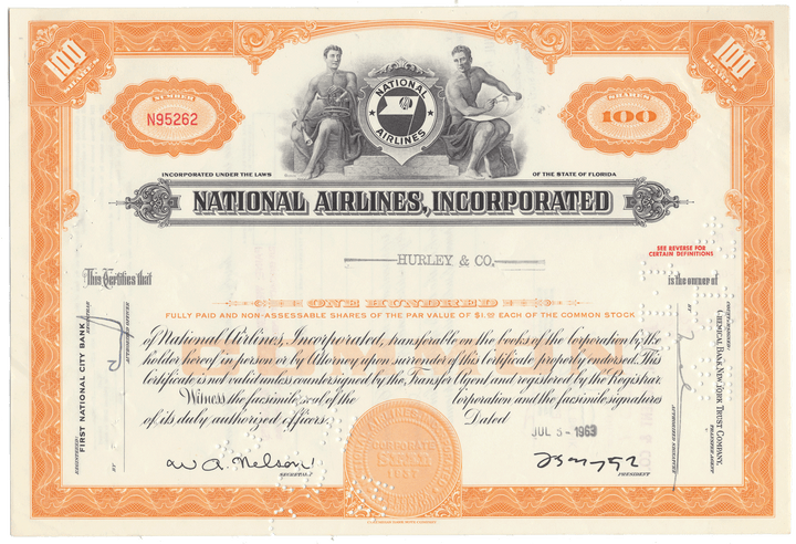 Vintage stock certificate for National Airlines, Incorporated with an orange border and black text.