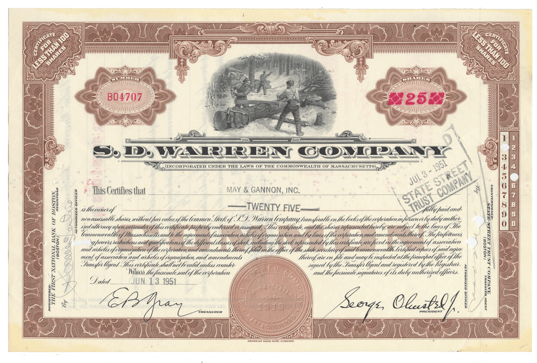 Vintage stock certificate from the S.D. Warren Company with decorative elements and text from 1951