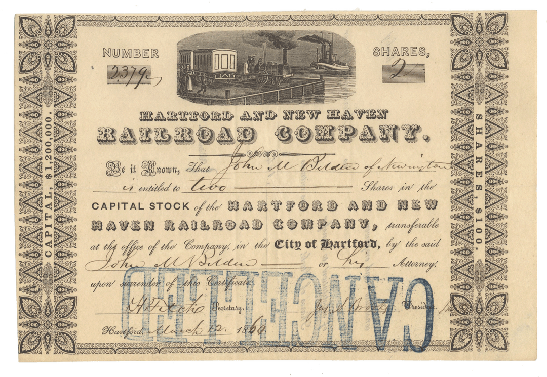 Historical stock certificate of the Hartford and New Haven Railroad Company from 1860
