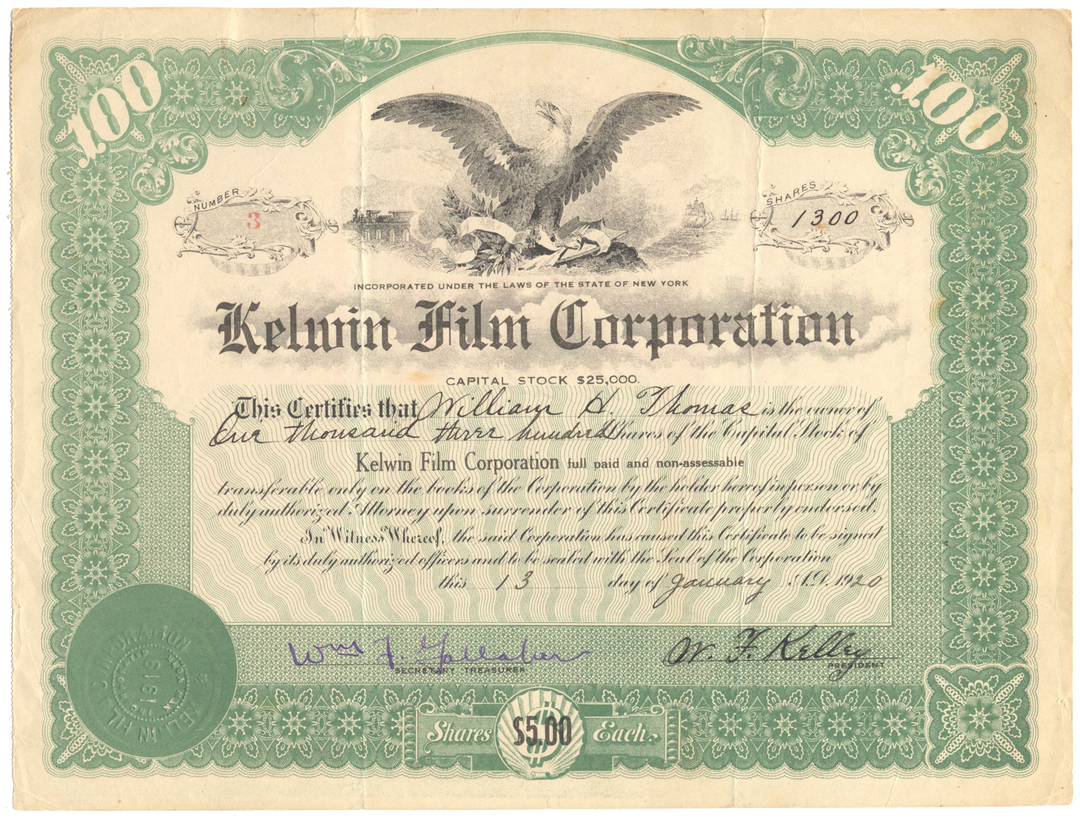 Kelwin Film Corporation Stock Certificate - Ghosts of Wall Street