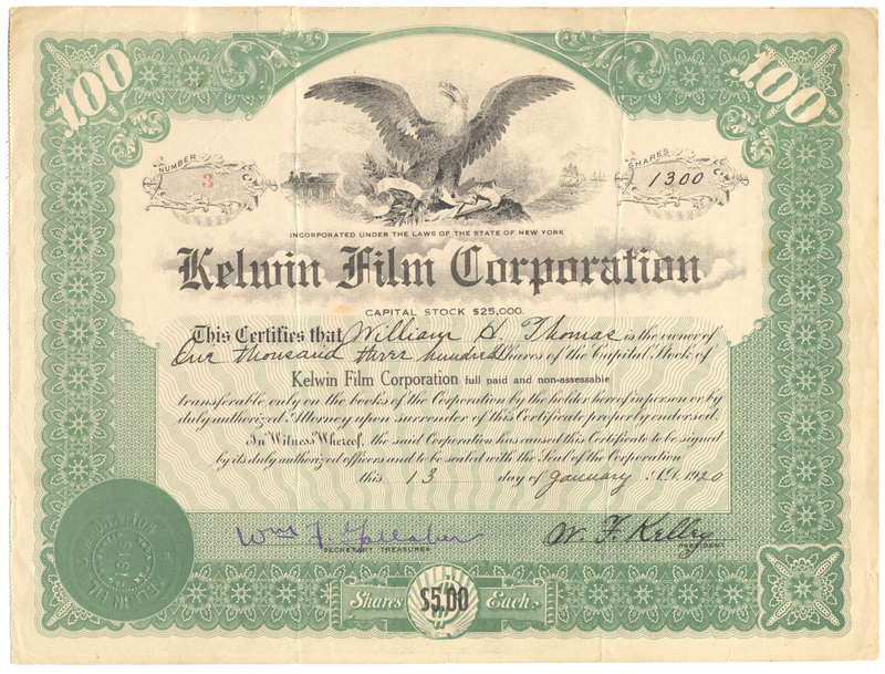Kelwin Film Corporation Stock Certificate - Ghosts of Wall Street