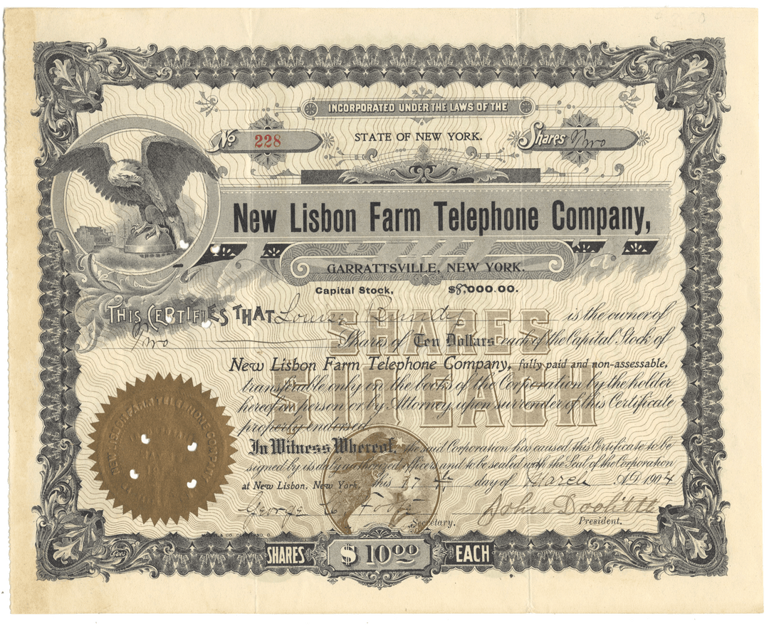 Vintage stock certificate for New Lisbon Farm Telephone Company with decorative elements.